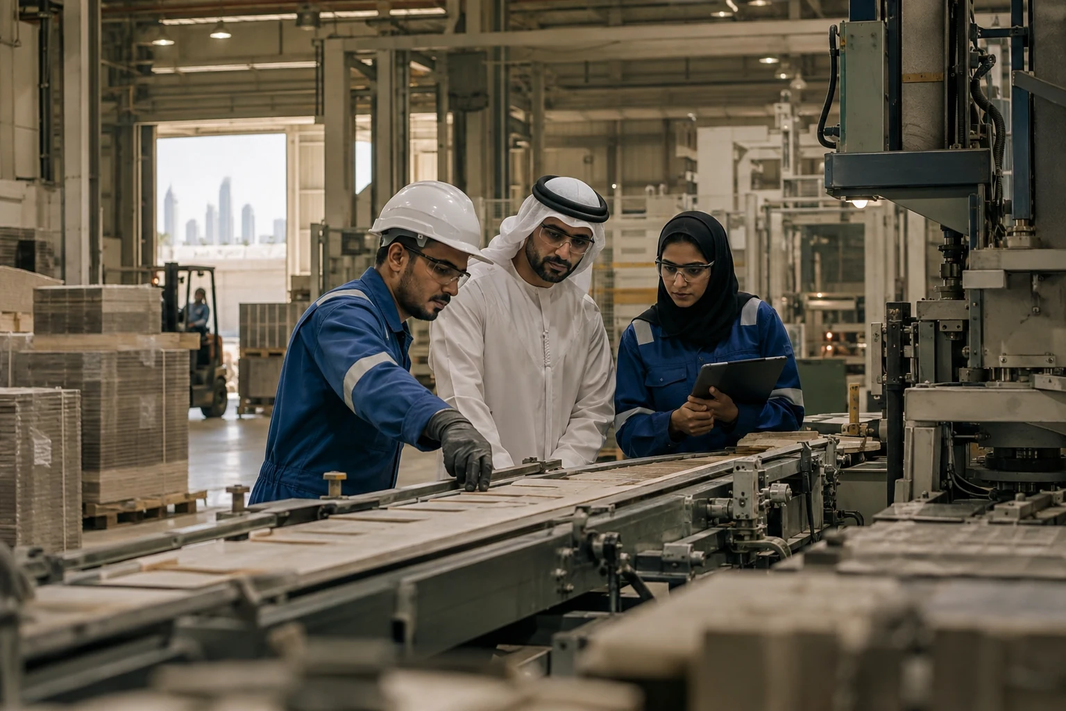 Team examining a production line