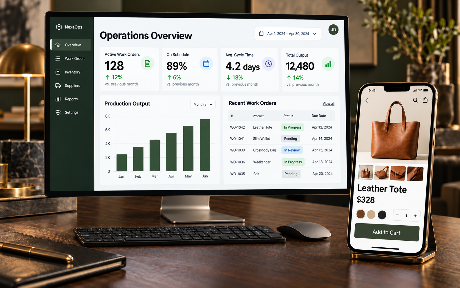 Illustrative operations dashboard and shopping app displayed on desktop and mobile devices